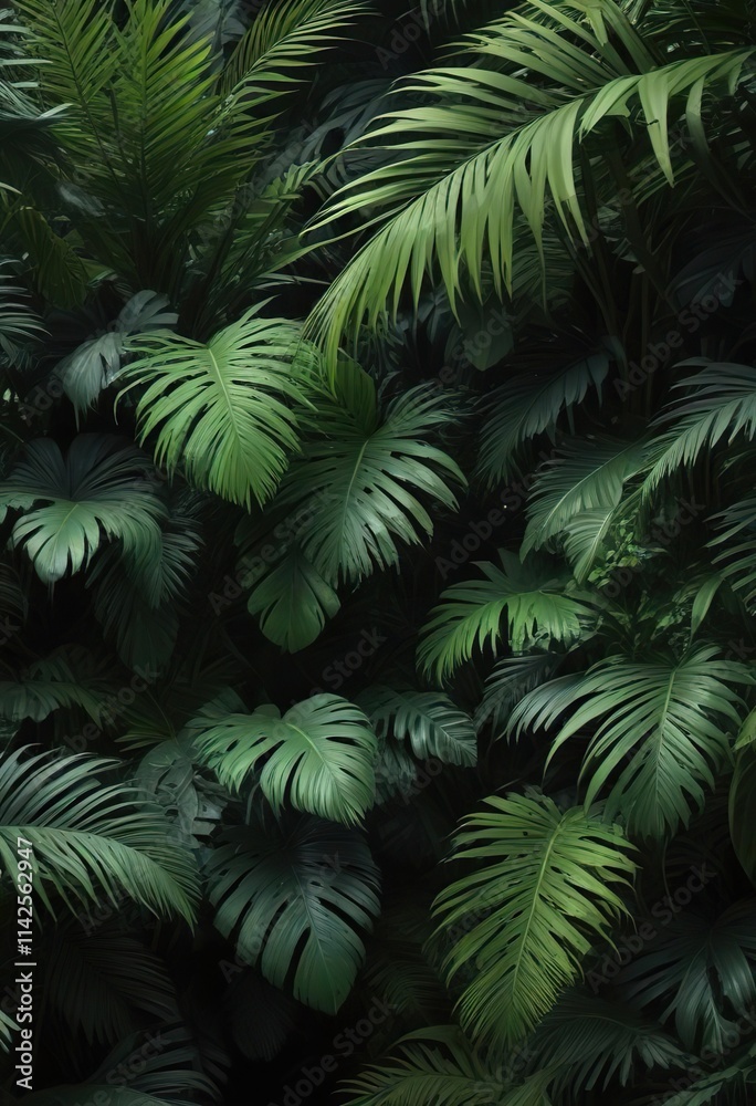 Dense cluster of green palm leaves on a dark background in a lush tropical jungle garden, green, nature, tropical