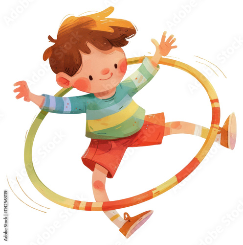 PNG A cute boy Skipping with a hula hoop illustration child style.