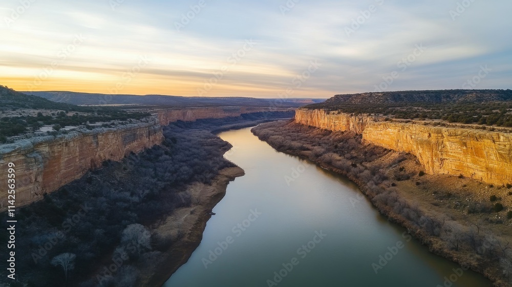 Stunning aerial view of a winding river surrounded by rocky cliffs during sunset. Stunning aerial view of a winding river surrounded by rocky cliffs during sunset.