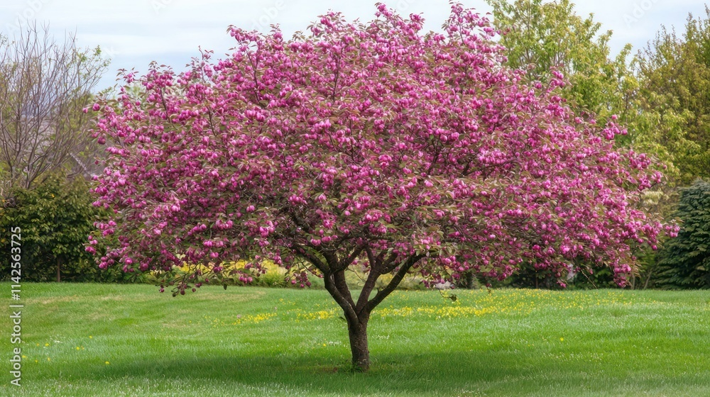 A serene view of an apple tree in full bloom, with pink blossoms and green leaves, symbolizing the beauty of spring