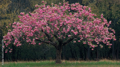 A serene view of an apple tree in full bloom, with pink blossoms and green leaves, symbolizing the beauty of spring