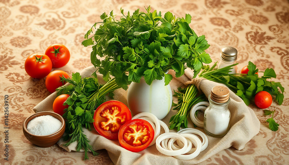 Vividly illuminated still life depicting fresh vegetables, aromatic herbs, and traditional kitchen utensils arranged on a rustic table, evoking culinary artistry, flavor, and the beauty of organic ing Vividly illuminated still life depicting fresh vegetables, aromatic herbs, and traditional kitchen utensils arranged on a rustic table, evoking culinary artistry, flavor, and the beauty of organic ing