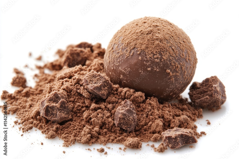 Delicious chocolate truffle resting on a bed of cocoa powder, perfect for gourmet desserts and sweet recipes. Delicious chocolate truffle resting on a bed of cocoa powder, perfect for gourmet desserts and sweet recipes.