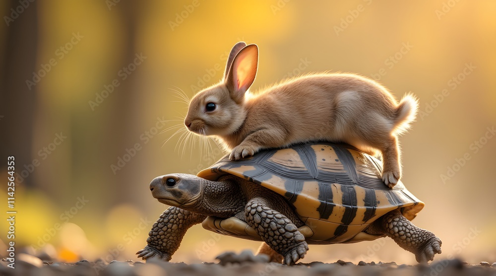Naklejka premium Adorable bunny rides a tortoise! Golden hour light bathes this heartwarming scene of unlikely friends on an adventure.