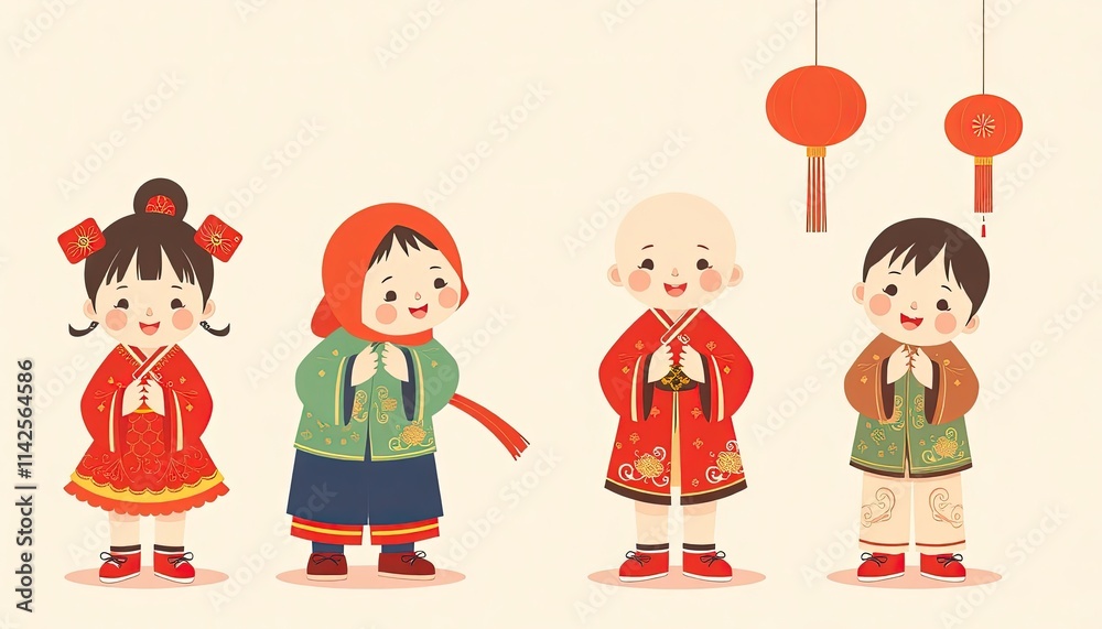 Children Celebrating Chinese New Year - New Year Greeting Card with Children - Chinese Children on Wall - Children in Cheongsam