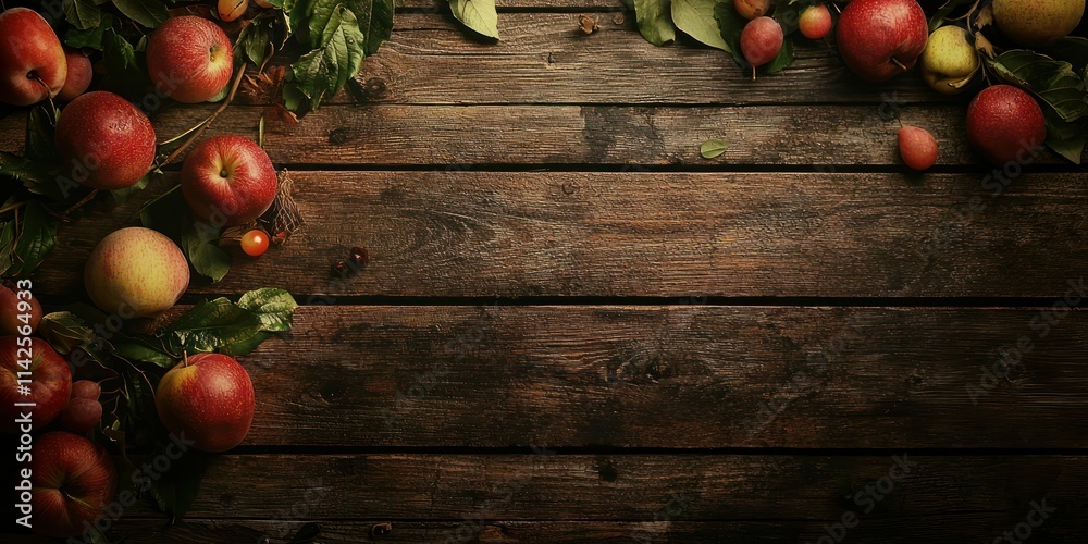 A textured background showcasing different fruits scattered on a wooden table, creating a rustic and fresh atmosphere A textured background showcasing different fruits scattered on a wooden table, creating a rustic and fresh atmosphere