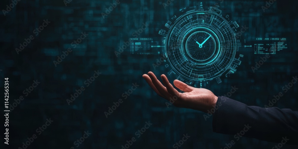 Futuristic Hand Holding Digital Clock with Technology Background Futuristic Hand Holding Digital Clock with Technology Background