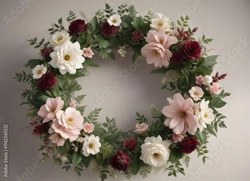 Wallpaper Mural Elegant leafy wreath with vibrant green foliage, rich burgundy accents, soft blush pink flowers, and white floral details, leaves, wreath, pink, delicate, botanical Torontodigital.ca
