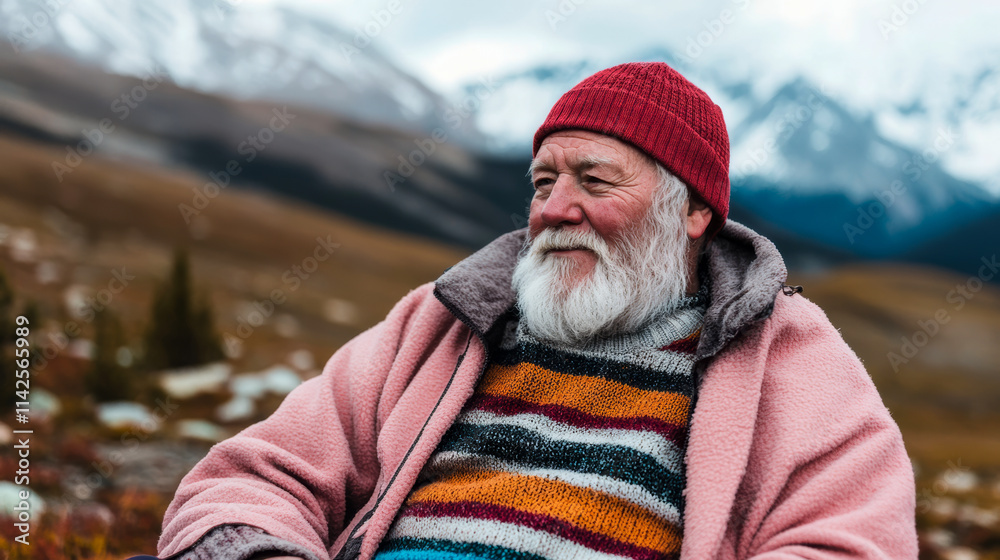 An elderly man in vibrant clothing, including a red beanie, sits outdoors in a mountainous region, exuding warmth, wisdom, and serenity against a scenic backdrop. An elderly man in vibrant clothing, including a red beanie, sits outdoors in a mountainous region, exuding warmth, wisdom, and serenity against a scenic backdrop.
