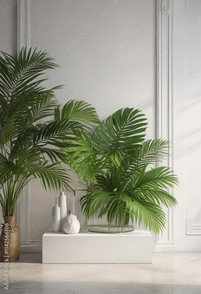 Elegant white showcase stand with palm leaf decor for presenting merchandise, palm leaf decor, branding, showcase stand, elegant, merchandise Elegant white showcase stand with palm leaf decor for presenting merchandise, palm leaf decor, branding, showcase stand, elegant, merchandise