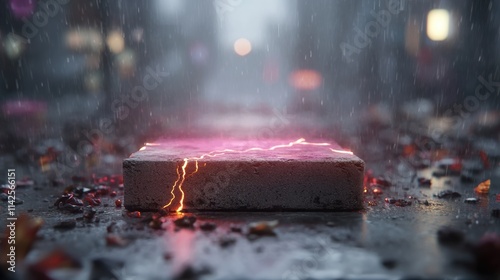 A cracked concrete slab emits glowing energy under heavy rain, creating a dramatic atmosphere, This image can be used for themes like urban decay, science fiction photo