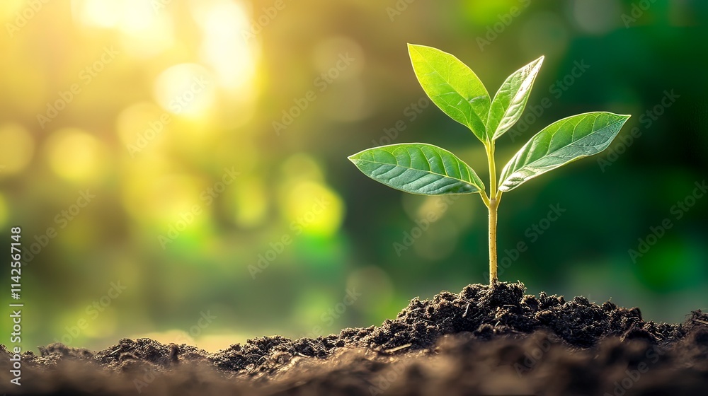 Radiant young plant thriving in soil under morning sunlight, symbolizing an ecological theme, with a lush green backdrop and ample copy space, high-resolution, high-quality, and detailed, contest-winn Radiant young plant thriving in soil under morning sunlight, symbolizing an ecological theme, with a lush green backdrop and ample copy space, high-resolution, high-quality, and detailed, contest-winn