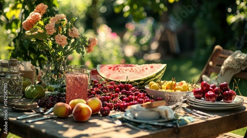 Fototapeta Naklejka Na Ścianę i Meble -  A vibrant scene of a picnic table filled with summer fruits like watermelon, cherries, and peaches, evoking a sunny day