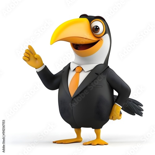 Cheerful Cartoon Bird in Business Suit Presenting with Happy Expression