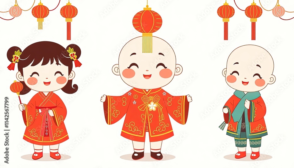 Children Celebrating Chinese New Year - New Year Greeting Card with Children - Chinese Children on Wall - Children in Cheongsam Children Celebrating Chinese New Year - New Year Greeting Card with Children - Chinese Children on Wall - Children in Cheongsam