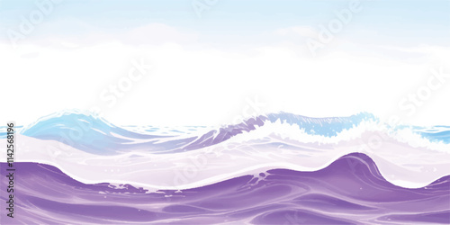 "Serene Ocean Flow: Abstract Watercolor Waves: A tranquil watercolor texture in soft purple and white, representing calm ocean waves, perfect for creative banners, digital art, and abstract designs."
