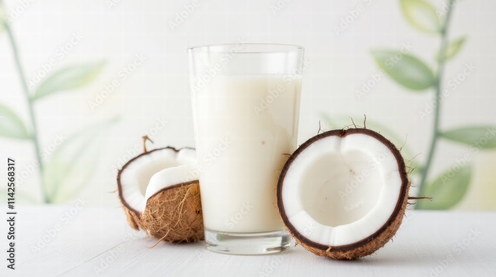 Glass of coconut milk with a piece of coconut on a pastel white background Glass of coconut milk with a piece of coconut on a pastel white background