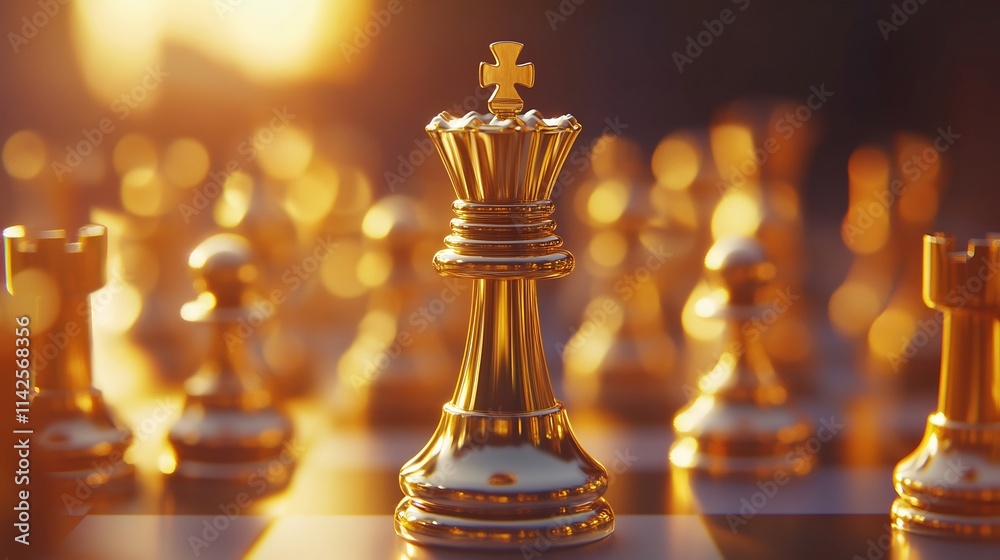 Golden Queen Chess Piece on a Board at Sunset Golden Queen Chess Piece on a Board at Sunset