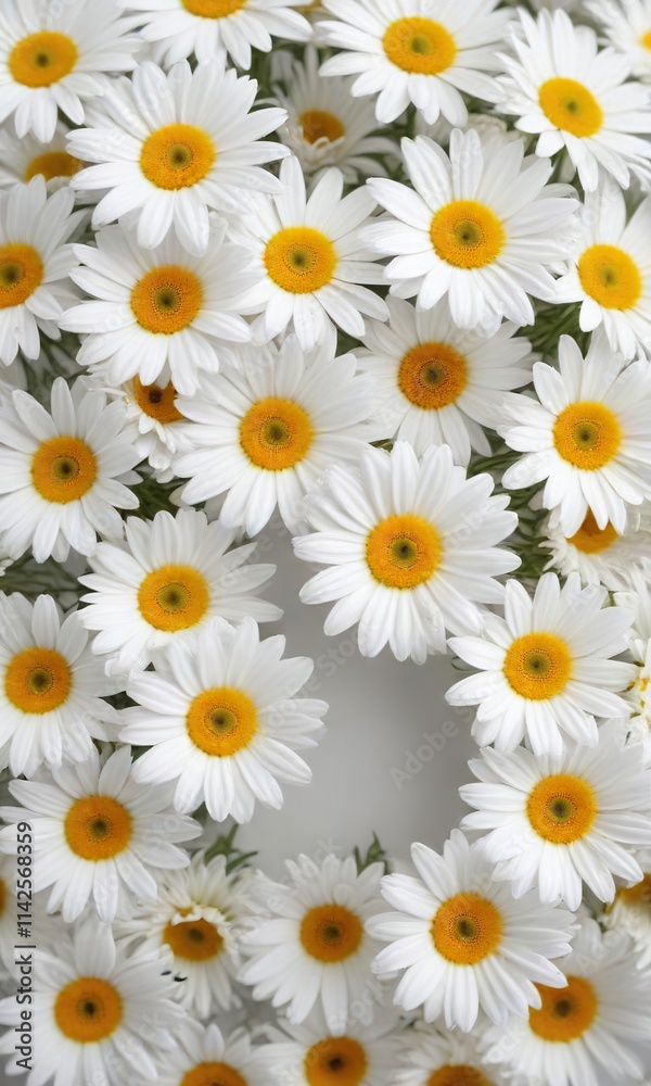 Fresh white daisies with bright yellow centers arranged in a circular pattern on a white surface, circular, symmetrical, decor Fresh white daisies with bright yellow centers arranged in a circular pattern on a white surface, circular, symmetrical, decor