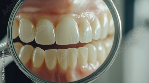 Close-up of healthy white teeth reflected in a dental mirror photo