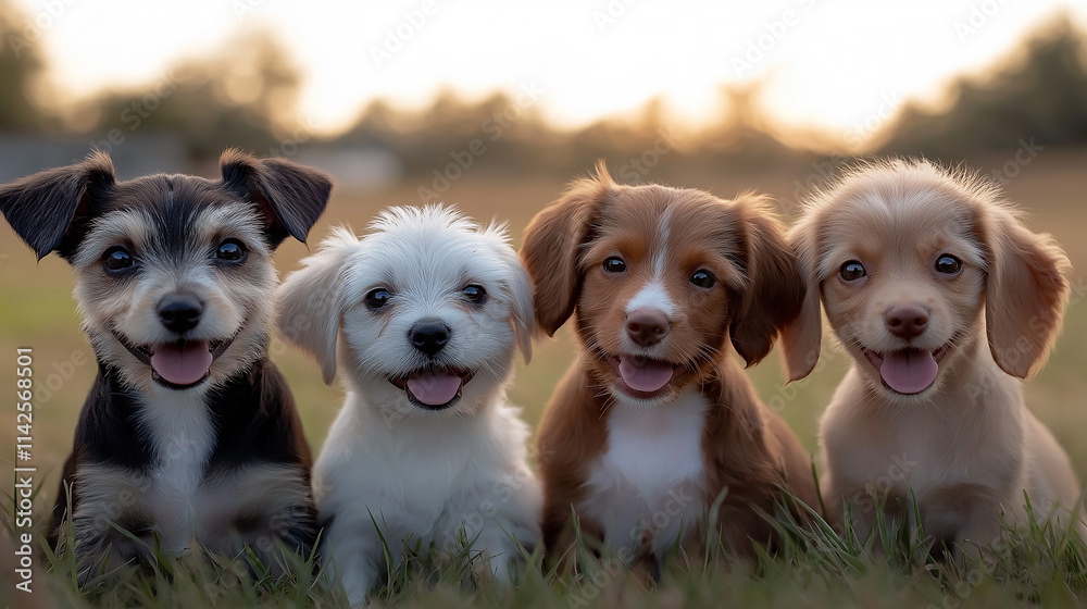Four adorable puppies smiling at sunset in grass field Four adorable puppies smiling at sunset in grass field