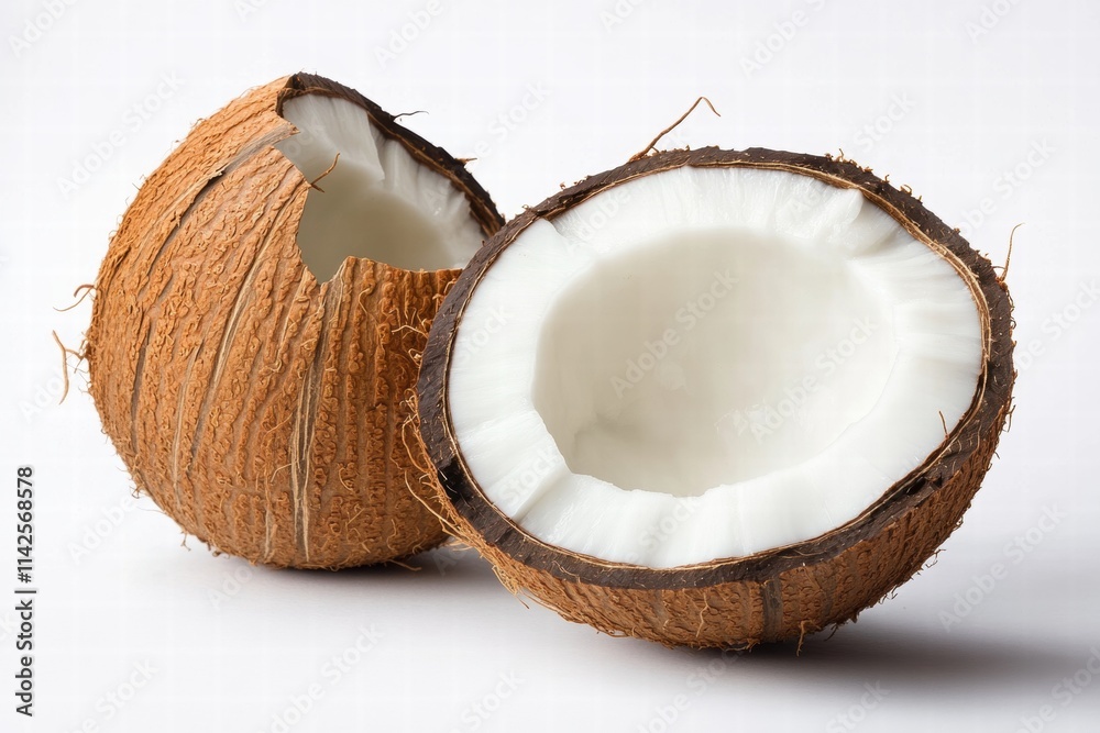 Fresh Open Coconut Shell Half with White Meat Inside Freshness Fresh Open Coconut Shell Half with White Meat Inside Freshness