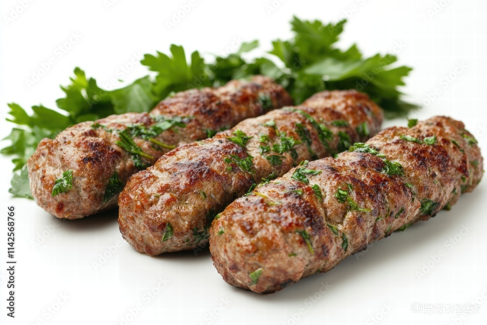 Grilled Meat Skewers with Fresh Green Herbs on White Background Grilled Meat Skewers with Fresh Green Herbs on White Background