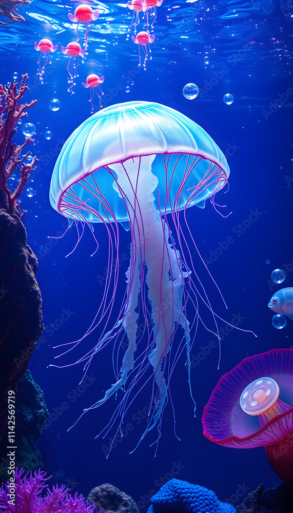 Obraz premium Jelly fish in aquarium, pop-art. isolated with white highlights