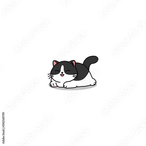 Cute munchkin cat white and black color lying down cartoon, vector illustration