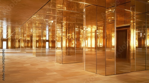 Wallpaper Mural A modern interior wall covered entirely in large, elegant mirrors, reflecting soft ambient light and creating a spacious, luxurious atmosphere. Torontodigital.ca