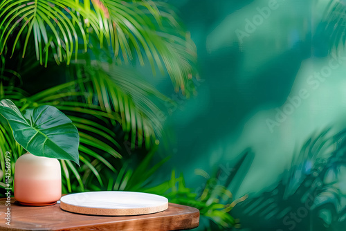 A vase with a leaf and a white plate on a wooden table