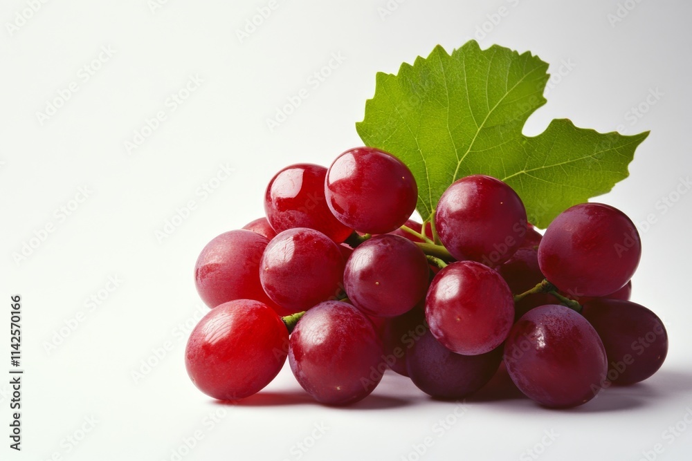 Fresh red grapes with leaves on a clean white background, showcasing their natural beauty and vibrant color. Fresh red grapes with leaves on a clean white background, showcasing their natural beauty and vibrant color.