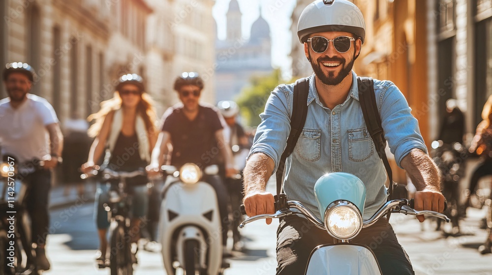 Group of friends enjoying a scooter ride in a city