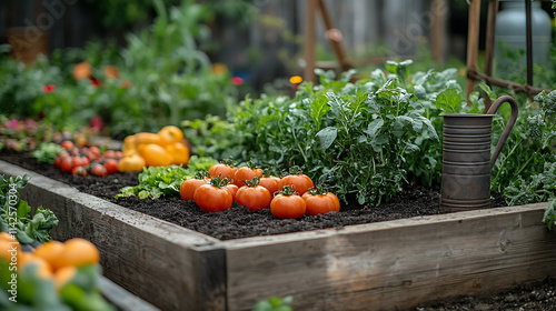 Fotografi Raised garden beds full of dark soil heirloom vegetables with antique watering c