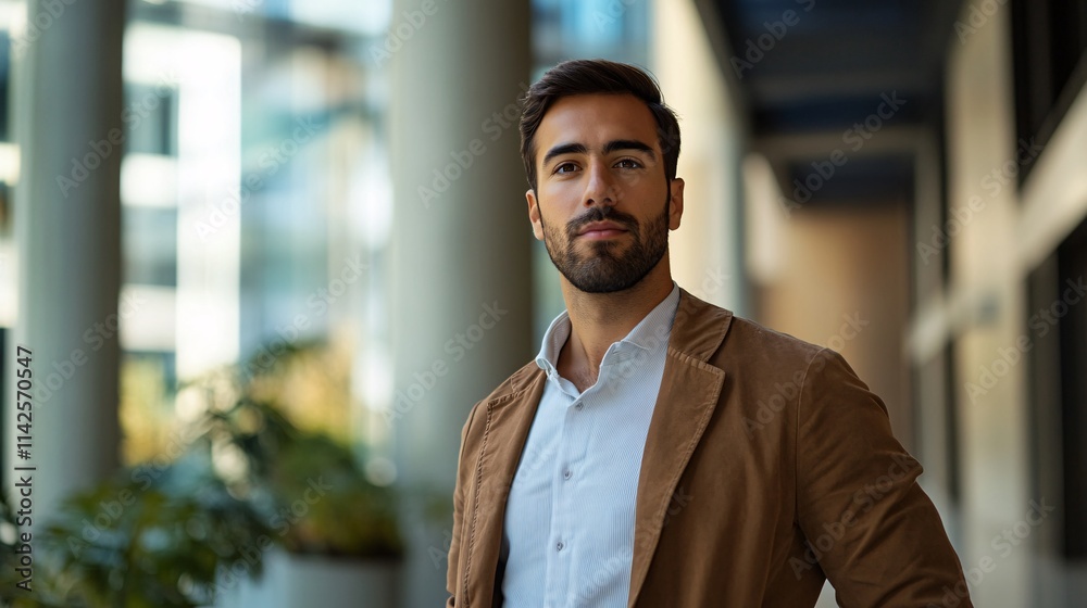 Portrait of confident businessman posing in modern office building lobby Portrait of confident businessman posing in modern office building lobby