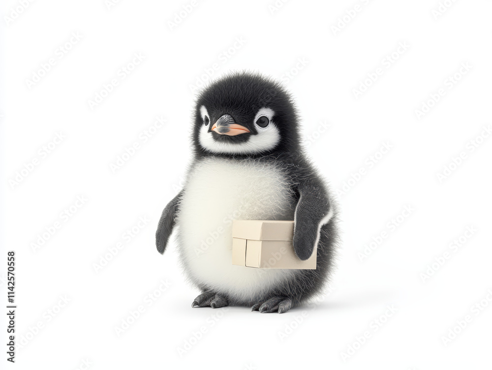 Fototapeta premium Cute baby penguin holding small gift box, showcasing playful spirit