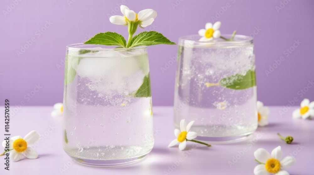 A glass of sparkling elderflower drink with a flower on top on a pastel lilac background A glass of sparkling elderflower drink with a flower on top on a pastel lilac background
