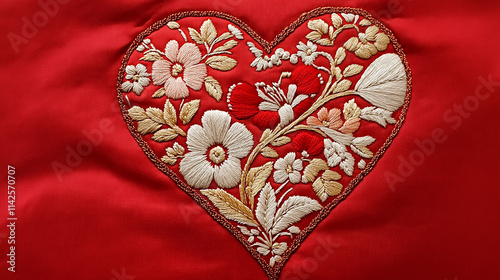 Floral heart embroidery forming a beautiful design on red satin fabric