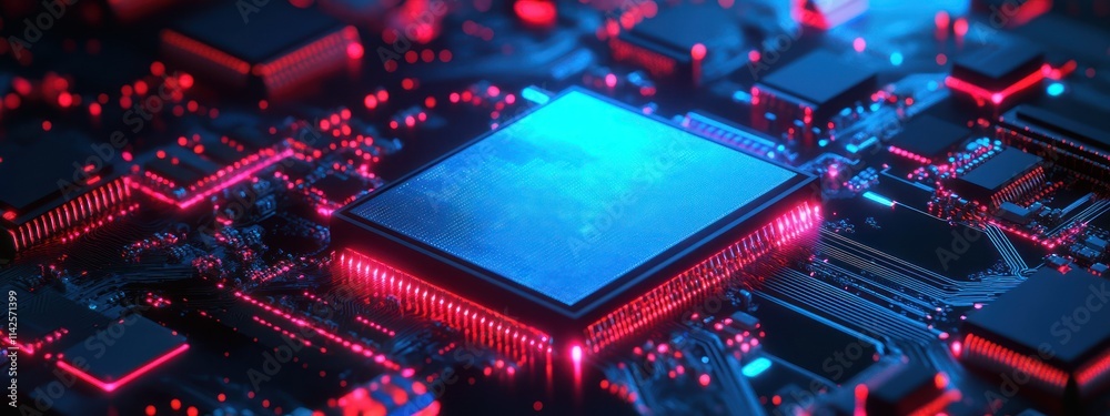 Fototapeta premium A close-up view of a futuristic microchip with glowing elements, showcasing technology.