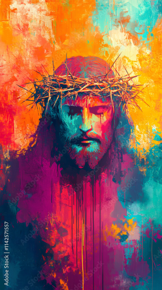 Fototapeta premium Contemporary vibrant portrait of jesus christ adorned with a crown of thorns, symbolizing faith, sacrifice, and salvation