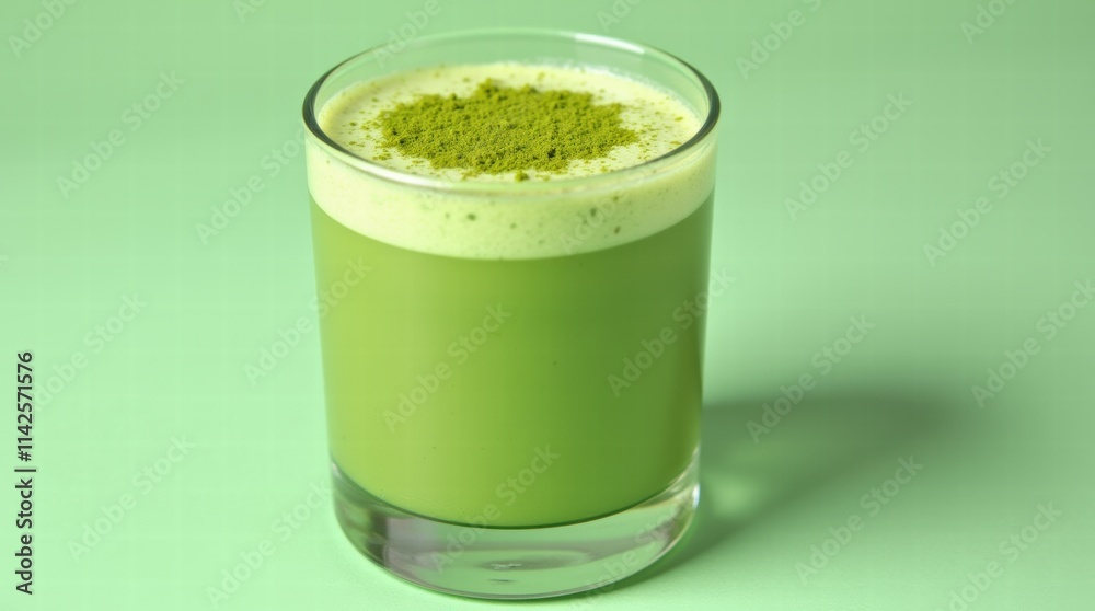 Vibrant green matcha latte with a matcha powder on top on a pastel green background Vibrant green matcha latte with a matcha powder on top on a pastel green background