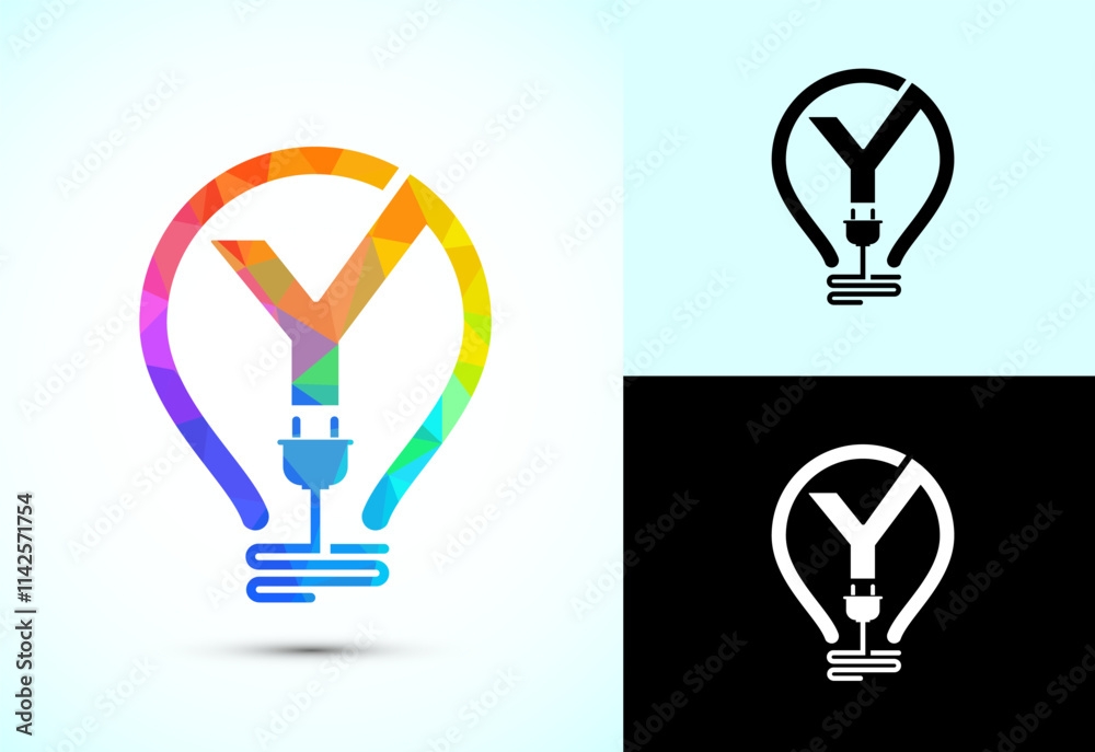 Initial alphabet Y with an electric bulb and plug. Electricity logo design template low poly style Initial alphabet Y with an electric bulb and plug. Electricity logo design template low poly style