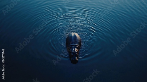 Solitary hippo in tranquil blue water with ripples at dusk, hippo day photo