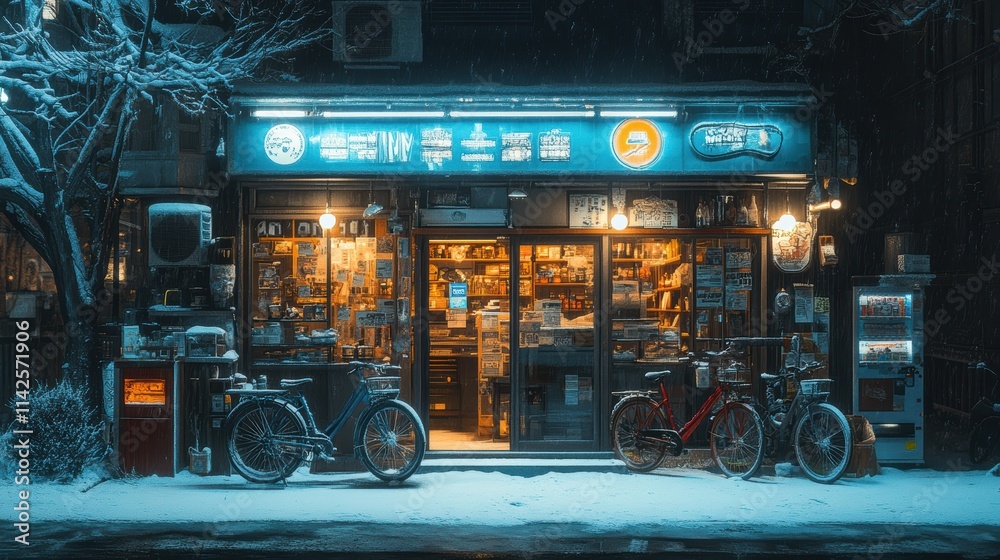 Obraz premium A suburban bike repair shop thriving in winter, with a special focus on snow bikes displayed against a backdrop of icicles.