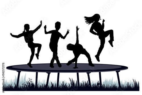 Children silhouettes. Boys and girl jump on a trampoline. Vector illustration.