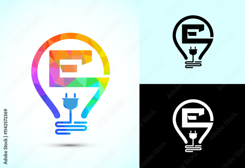 Initial alphabet E with an electric bulb and plug. Electricity logo design template low poly style Initial alphabet E with an electric bulb and plug. Electricity logo design template low poly style