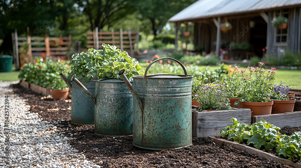 Picturesque garden scene with antique metal watering cans beside raised beds filled with rich soil and wooden trellises supporting lush vines and vegetables Picturesque garden scene with antique metal watering cans beside raised beds filled with rich soil and wooden trellises supporting lush vines and vegetables