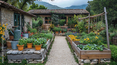 Fotografie Lush kitchen garden with antique stone planters vintage watering cans rich soil