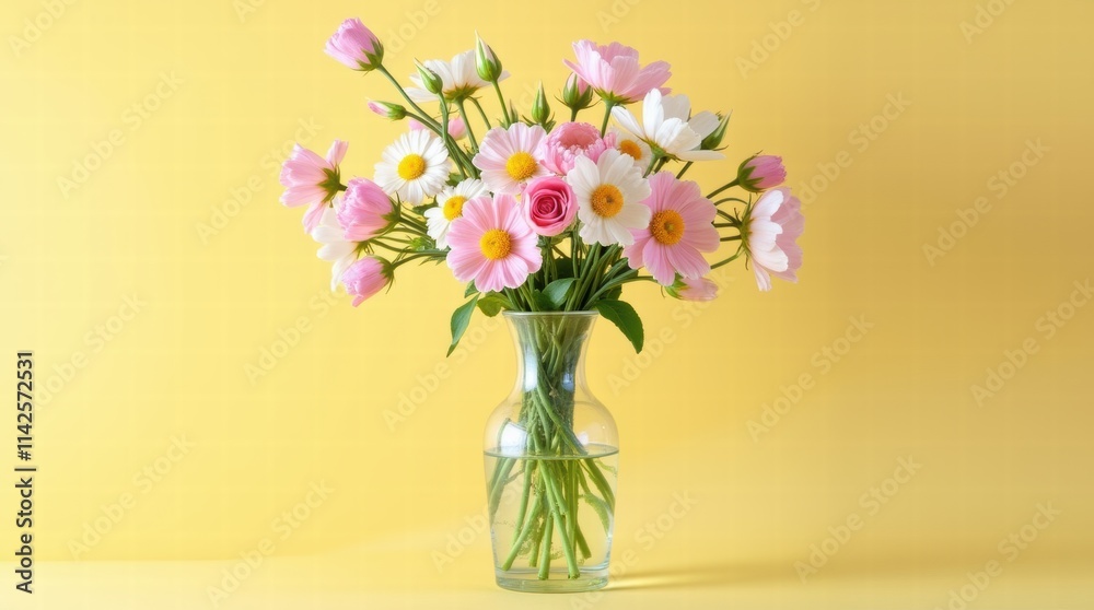 Fototapeta premium A vase of mixed pastel flowers on a pastel yellow background