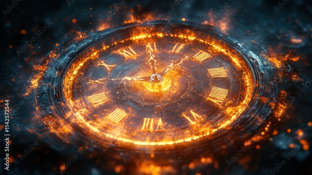 Fiery clock with glowing numbers and sparks.